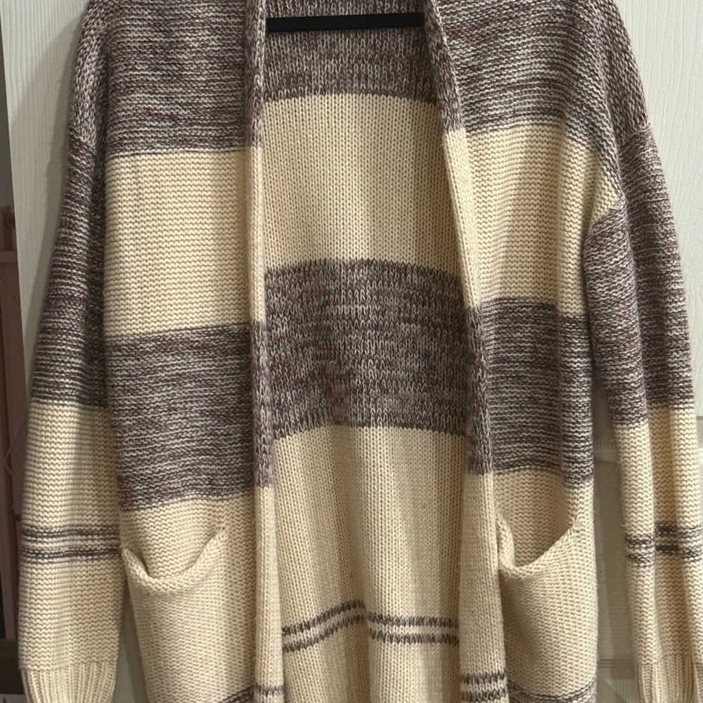 Ellison Cream and Brown Cardigan Sweater with Stripes